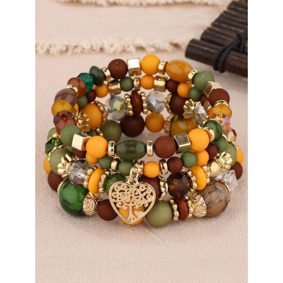 Colorful Beaded Stretch Charm Bracelet Set of 4 Earth Tones Crystal Layer Casual - Picture 1 of 4